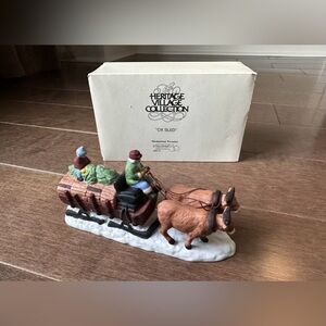Dept. 56 Heritage Village Collection-Ox Sled "Blue Pants" #5951-0 (RETIRED 1989)